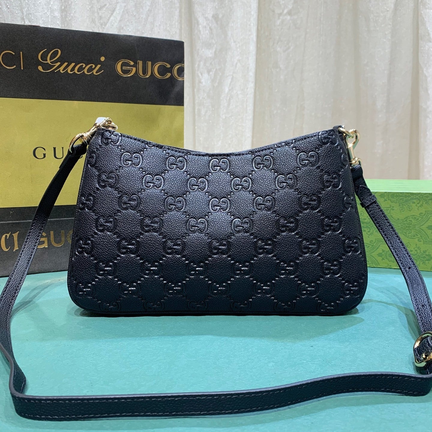 Gucci Micro Black Guccissima Leather Boston/Speedy Bag with Chain Strap