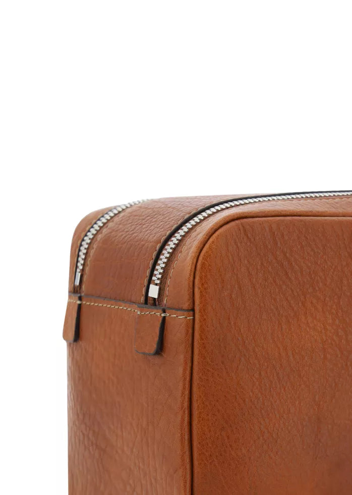 Brunello Cucinelli Leather Beauty Case with Double Zipper – Premium Italian Grained Leather Travel Organizer