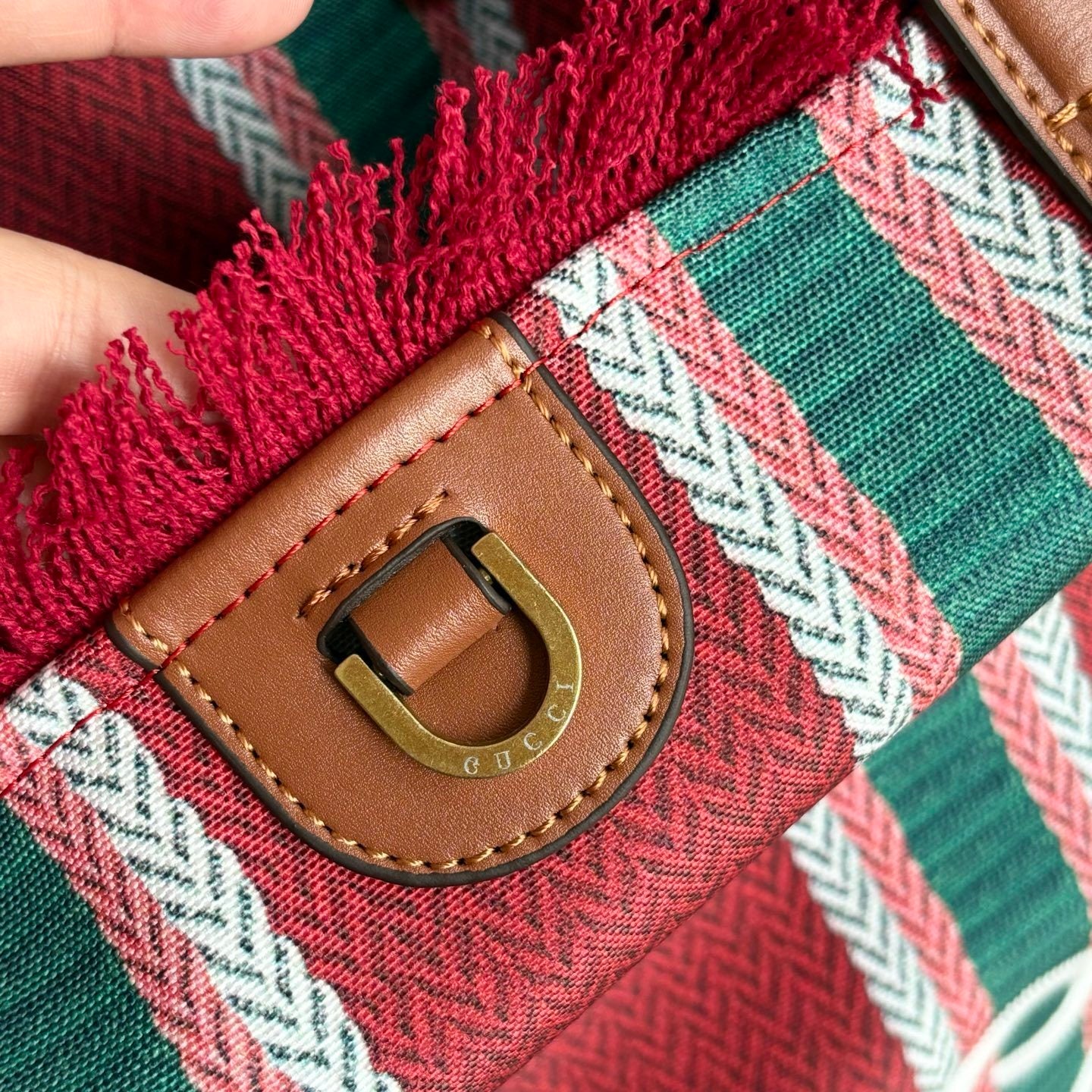 Gucci Large Red & Green Striped Canvas Tote Bag with Fringed Edge