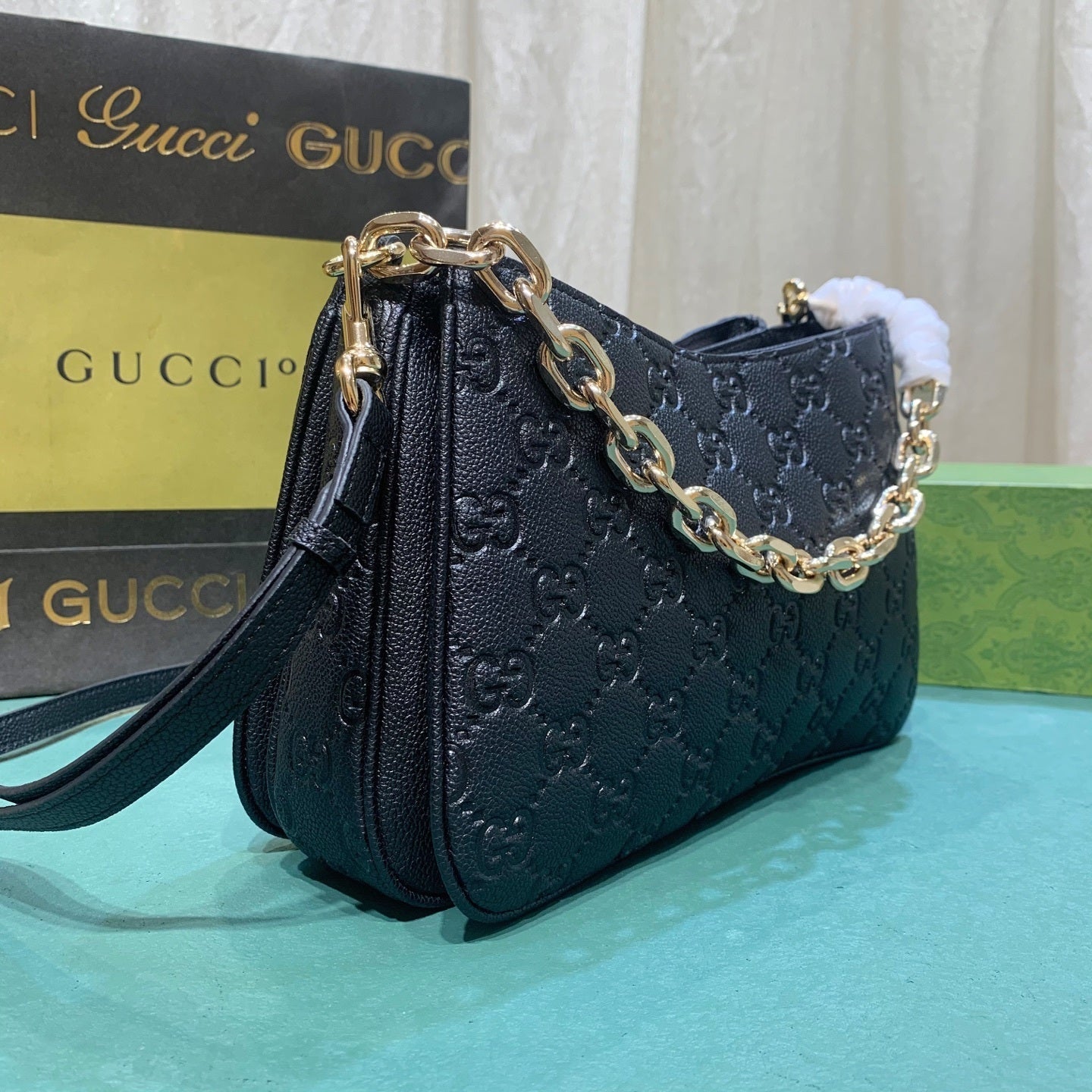 Gucci Micro Black Guccissima Leather Boston/Speedy Bag with Chain Strap