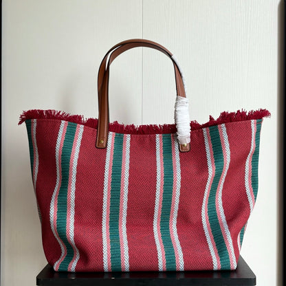 Gucci Large Red & Green Striped Canvas Tote Bag with Fringed Edge
