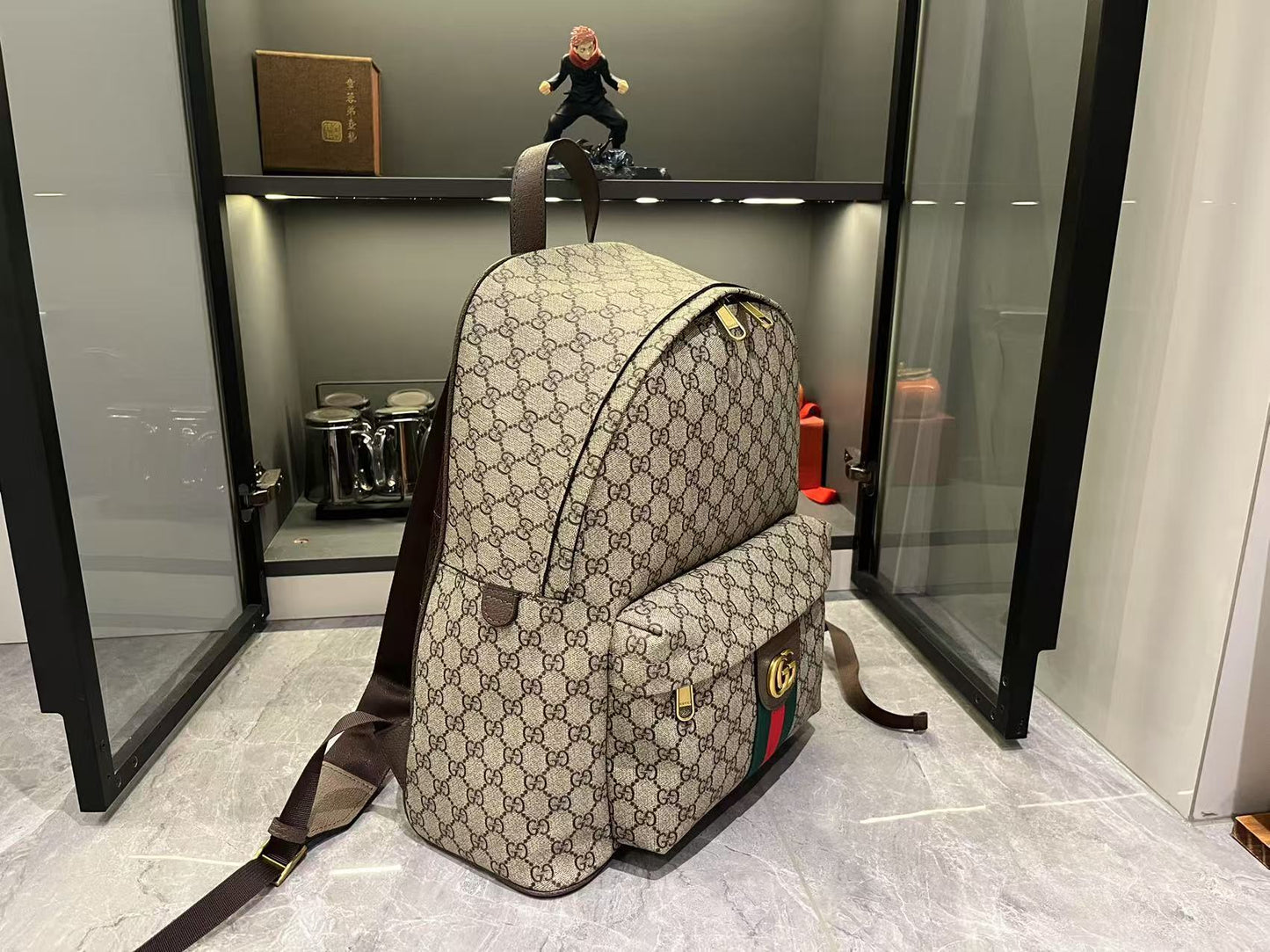 Gucci Large GG Supreme Canvas Backpack with Web and Double G Hardware