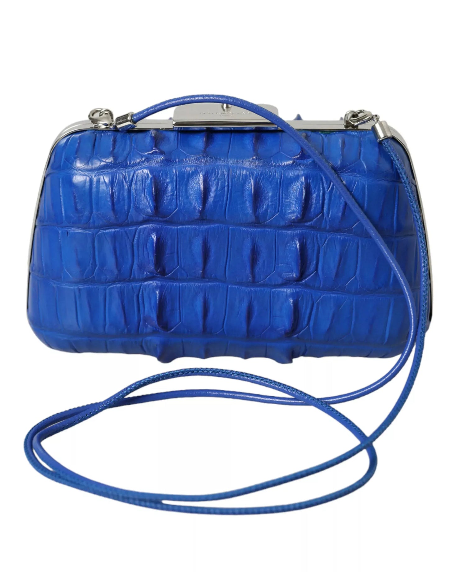 BALENCIAGA Crocodile Skin Blue Clutch – Luxury Italian Designer Bag with Silver Hardware & Adjustable Strap
