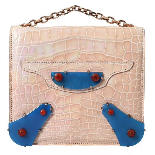 Balenciaga Neo Classic Mini Chain Bag – Crocodile Leather, Beige & Blue