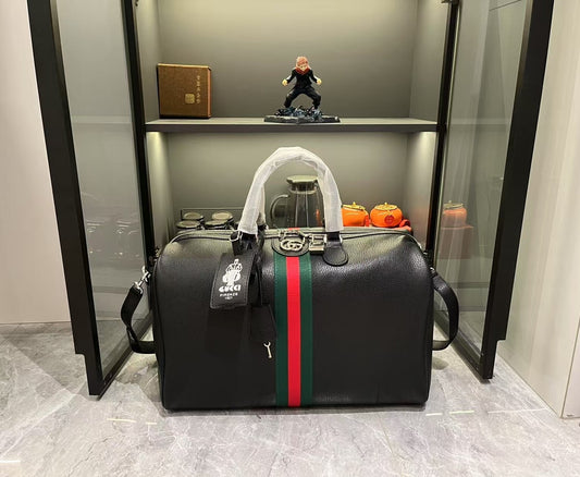 Gucci Black Leather Large Boston Bag with Signature Web Stripe and Lock Detail