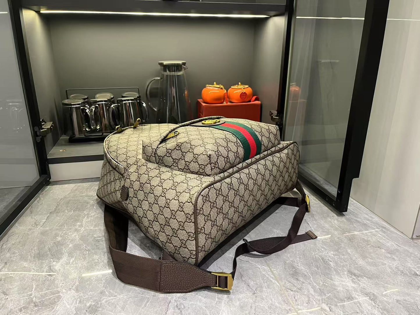 Gucci Large GG Supreme Canvas Backpack with Web and Double G Hardware