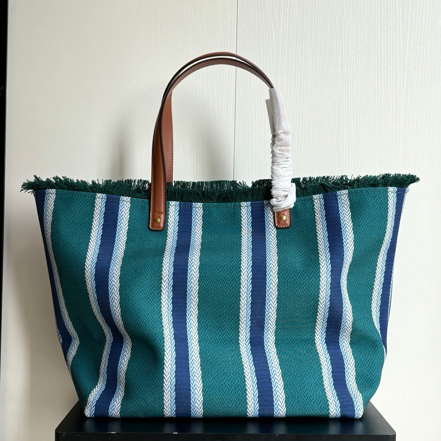 Gucci Large Red & Green Striped Canvas Tote Bag with Fringed Edge