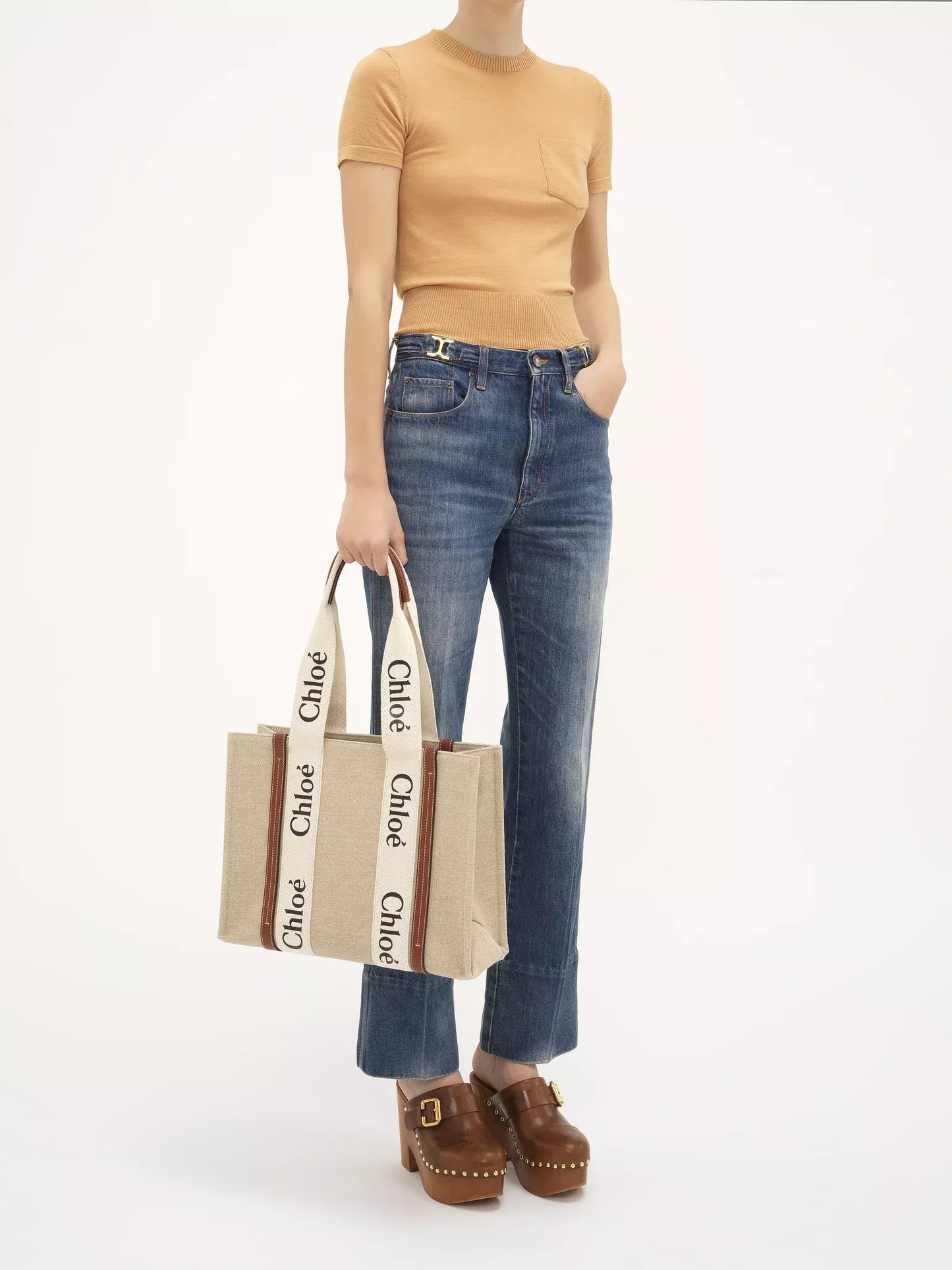 Chloé Canvas Woody Shoulder Bag with Leather Trim – Stylish & Versatile Luxury Tote