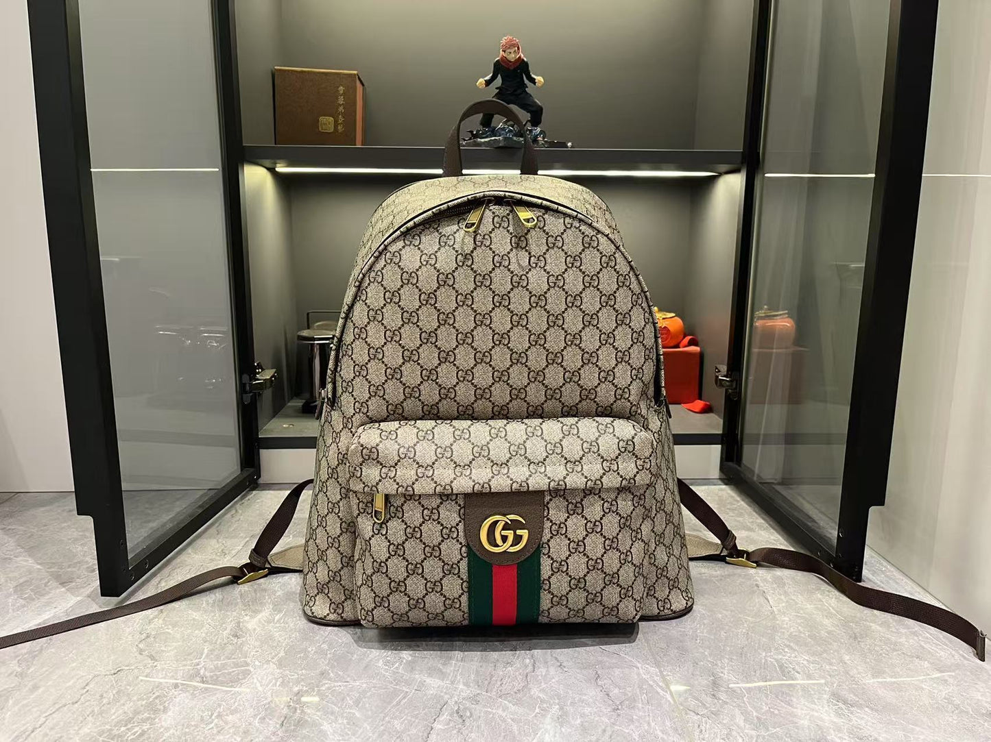 Gucci Large GG Supreme Canvas Backpack with Web and Double G Hardware