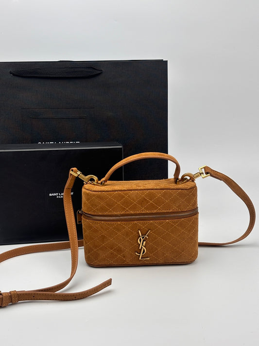 Saint Laurent YSL Monogram Quilted Suede Vanity Case Bag