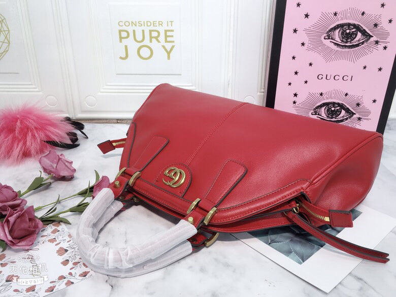 Gucci Classic Leather Dome Satchel with Top Handle and Signature Metallic Detailing