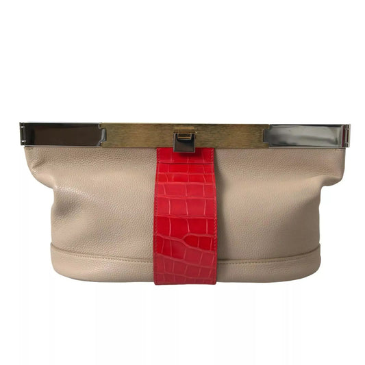 Balenciaga Two-Tone Alligator & Calf Leather Pouch Bag – Luxury Clutch in Beige & Red