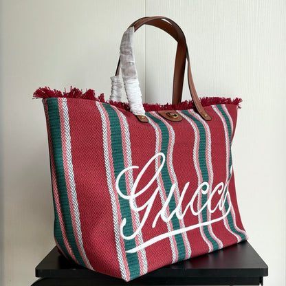 Gucci Large Red & Green Striped Canvas Tote Bag with Fringed Edge