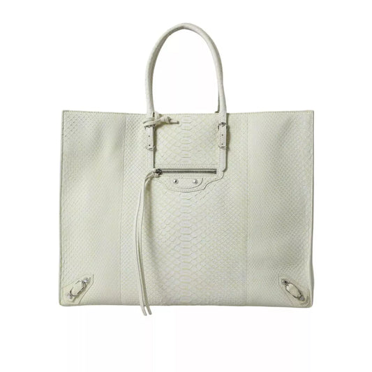 BALENCIAGA Python Leather Papier Tote Bag – White & Lemon Yellow Luxury Designer Handbag