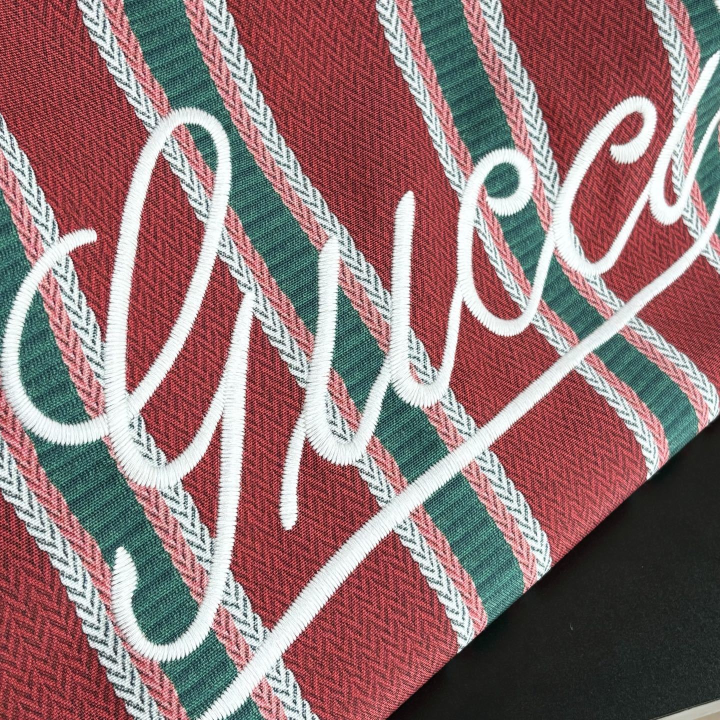 Gucci Large Red & Green Striped Canvas Tote Bag with Fringed Edge