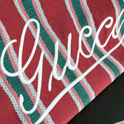 Gucci Large Red & Green Striped Canvas Tote Bag with Fringed Edge