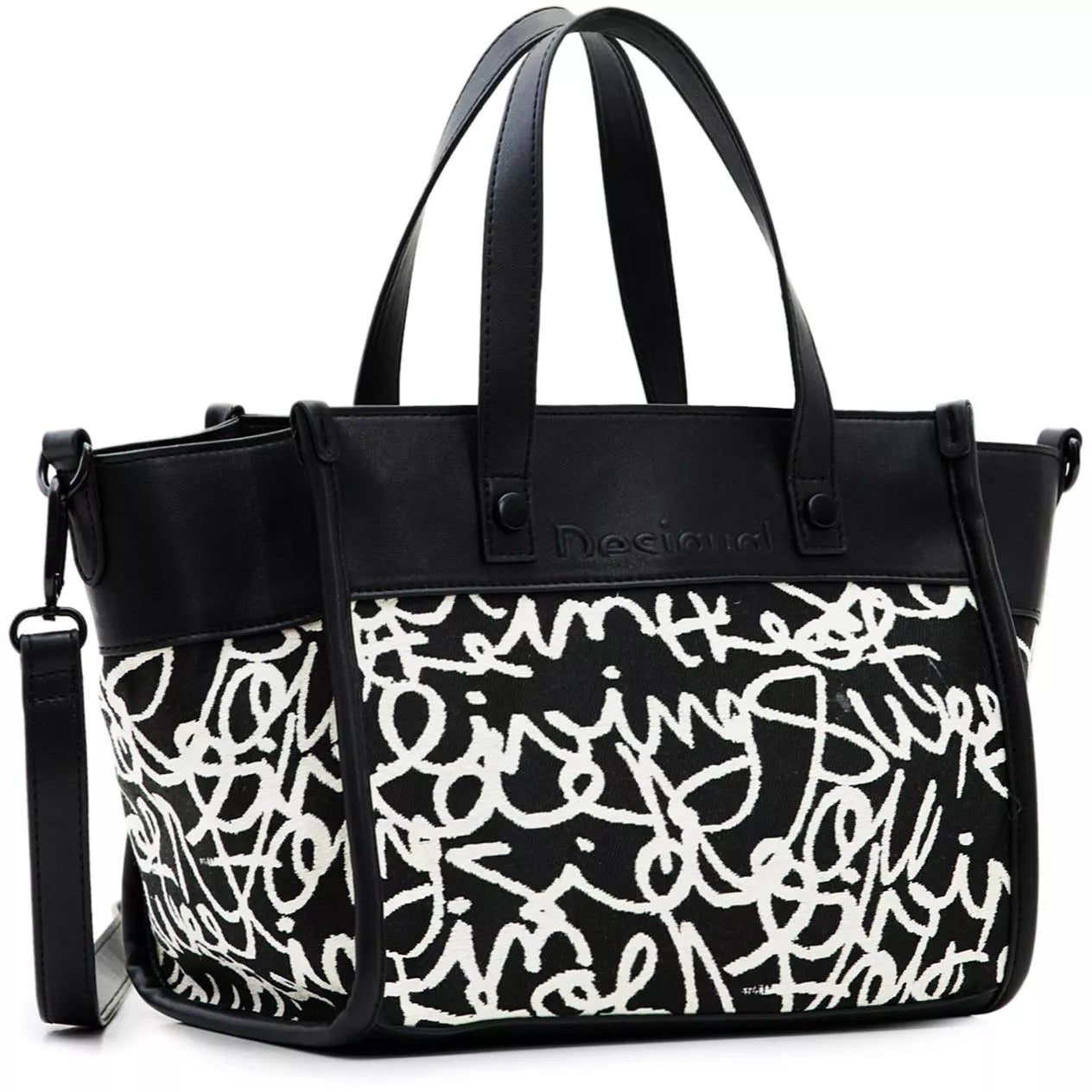 Desigual Black and White Bag with Dual Handles and Adjustable Strap
