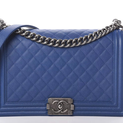 Chanel Medium Blue Caviar Leather Boy Bag with Gold Hardware – Iconic Designer Handbag