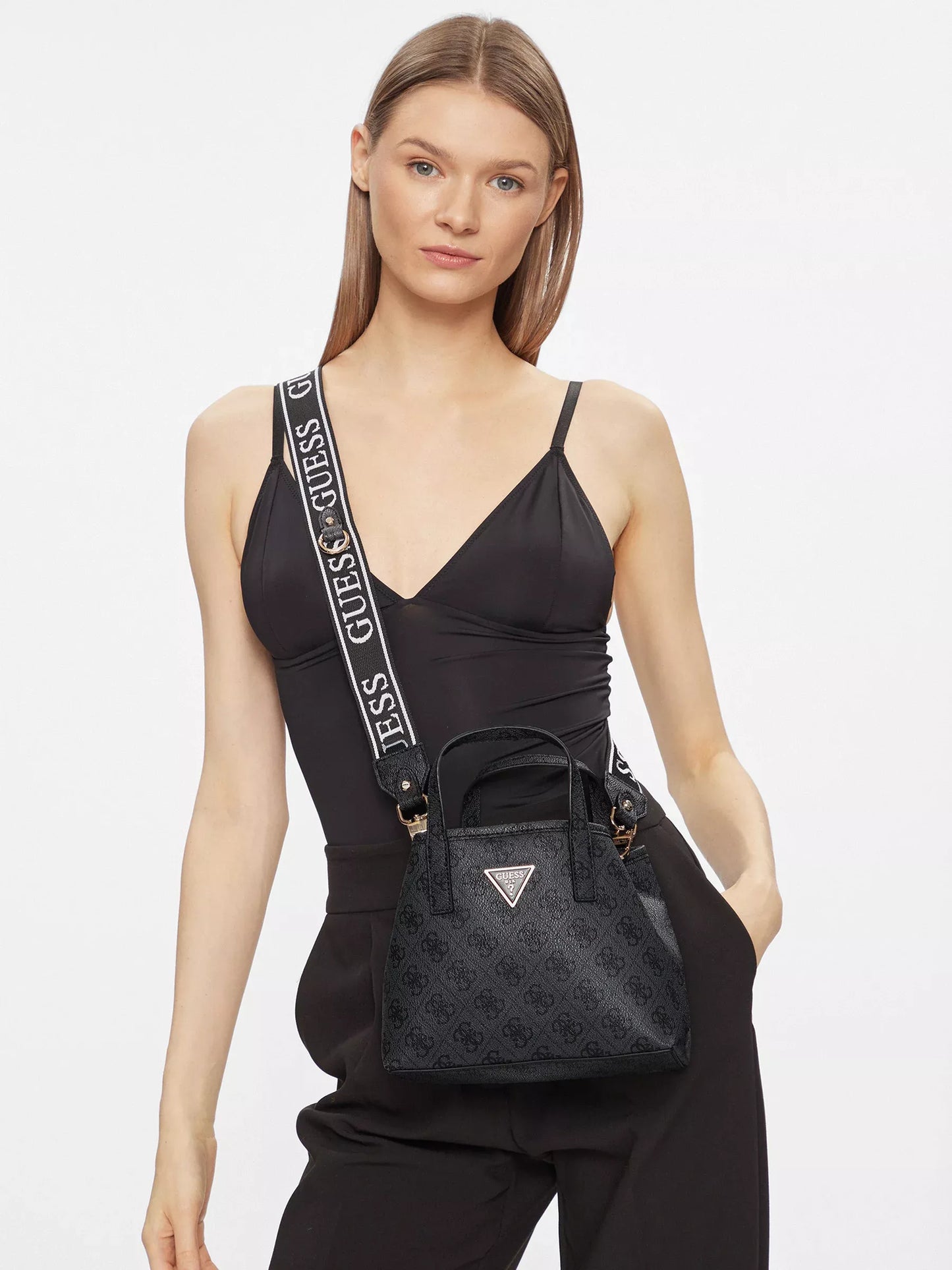 Guess Women’s Grey Printed Handbag – PU Leather Shoulder Bag with Top Handle & Detachable Strap