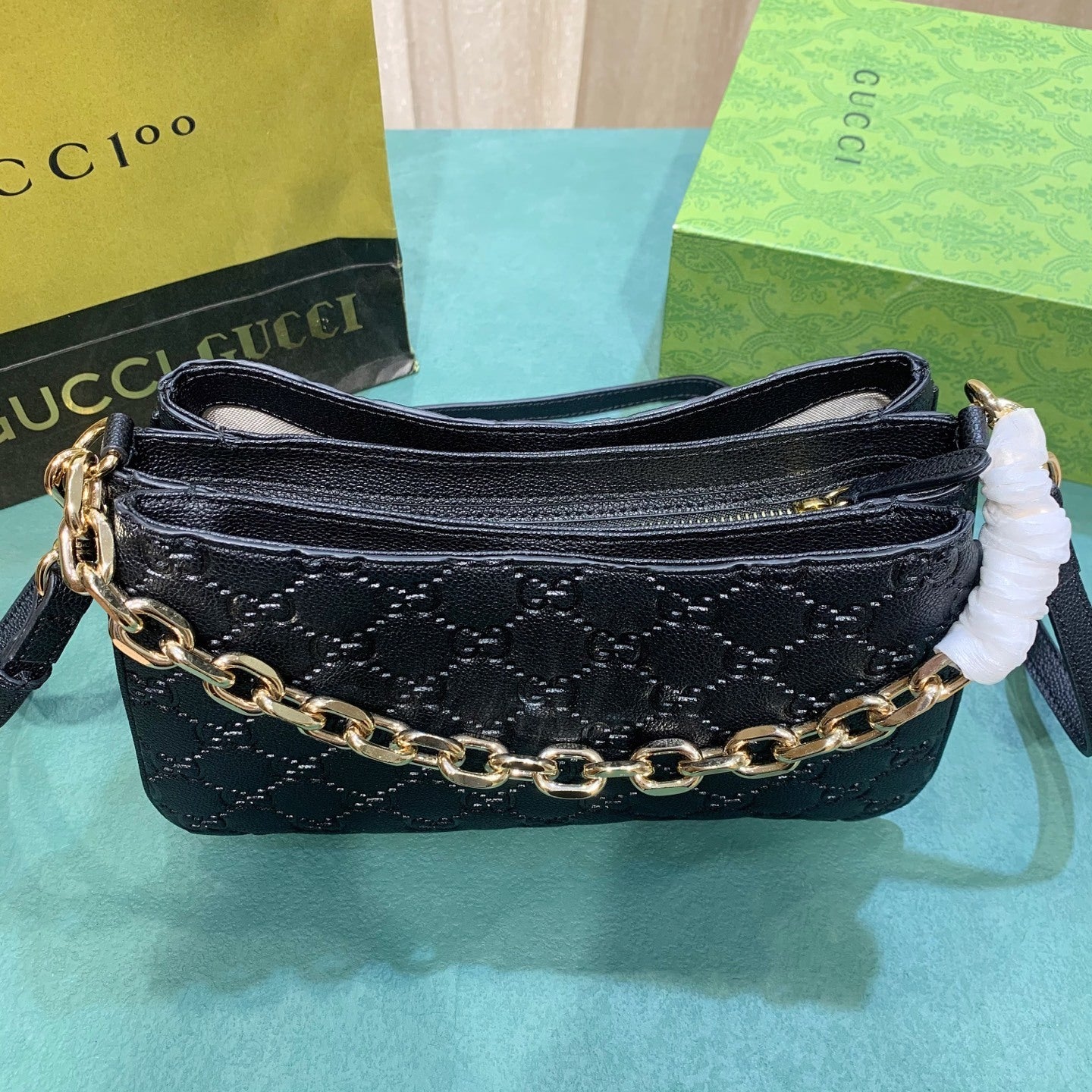 Gucci Micro Black Guccissima Leather Boston/Speedy Bag with Chain Strap