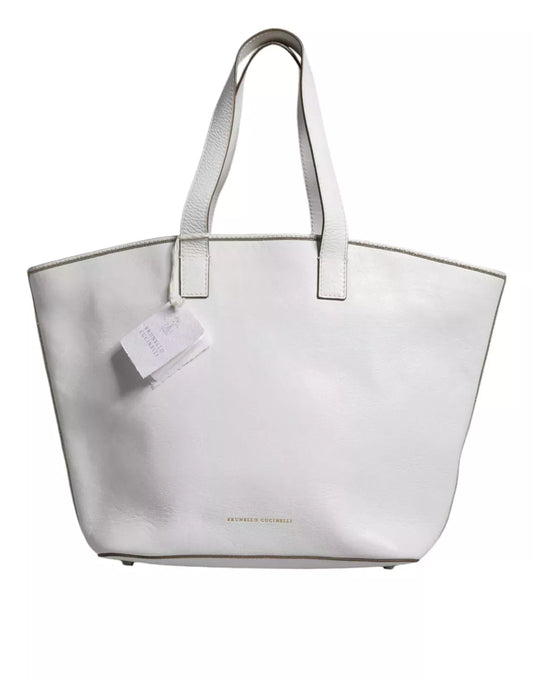 Brunello Cucinelli White Leather Shoulder Tote Bag – Luxury Italian Craftsmanship