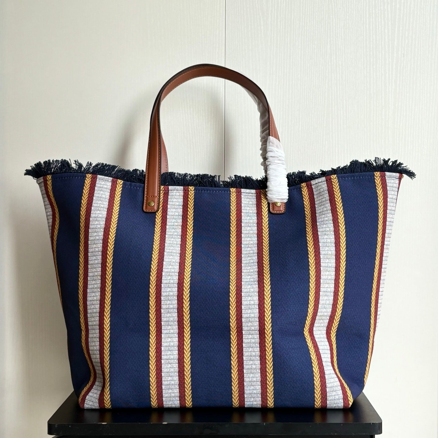 Gucci Large Red & Green Striped Canvas Tote Bag with Fringed Edge