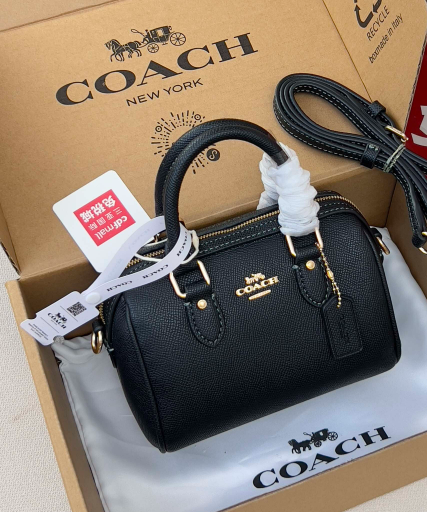 Coach Mini Barrel Satchel Crossbody Bag in Pebbled Leather (Black/Gold Hardware)