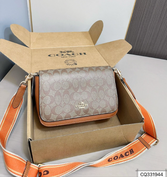 Coach Signature Canvas Flap Crossbody with Bold Orange Web Strap