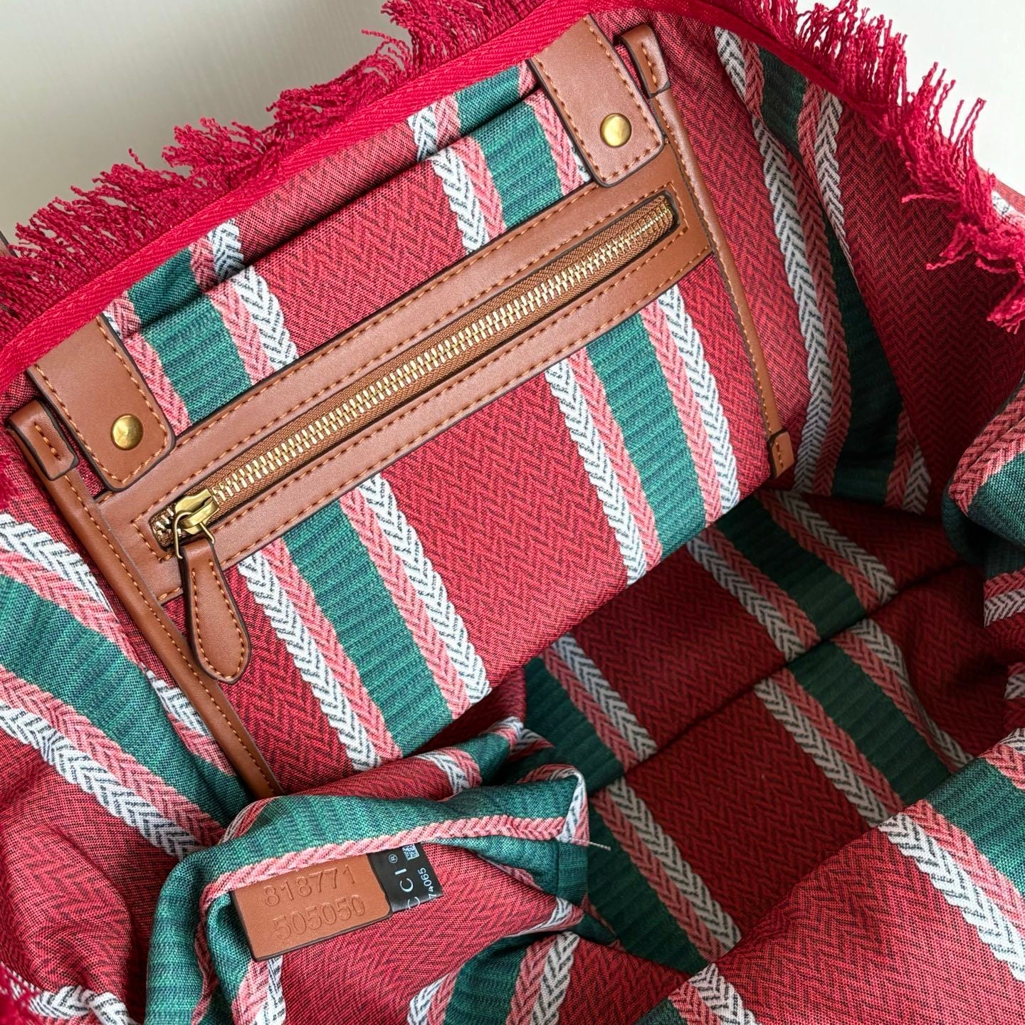 Gucci Large Red & Green Striped Canvas Tote Bag with Fringed Edge