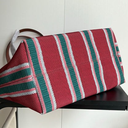 Gucci Large Red & Green Striped Canvas Tote Bag with Fringed Edge