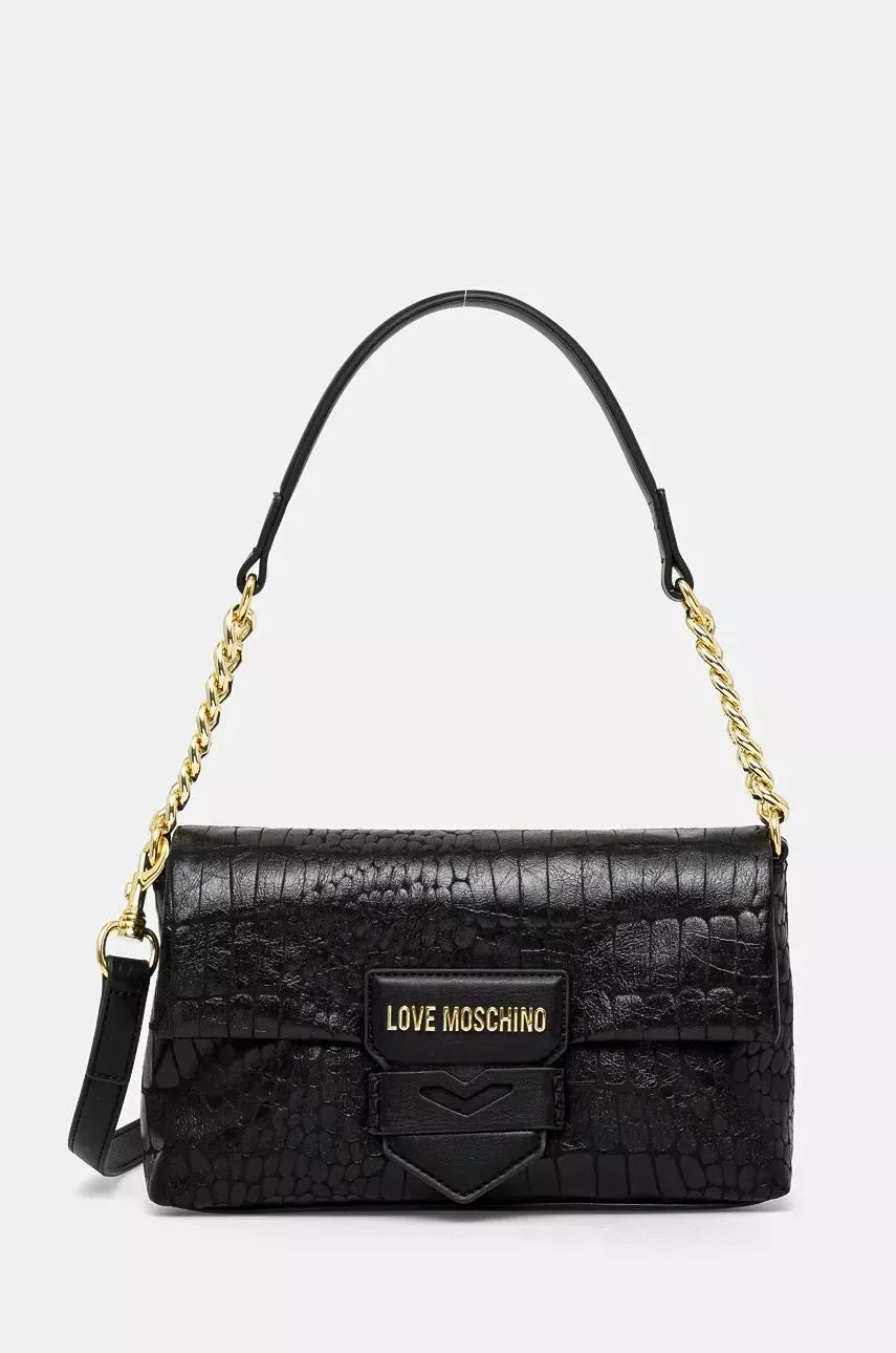 Love Moschino Women’s Black Printed Handbag – Chic Clip Closure