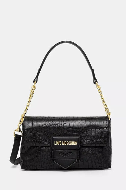 Love Moschino Women’s Black Printed Handbag – Chic Clip Closure