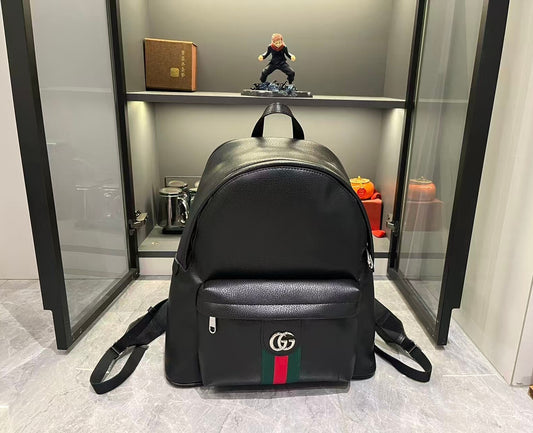 Gucci Large Black Leather Backpack with Signature Web and Double G Logo
