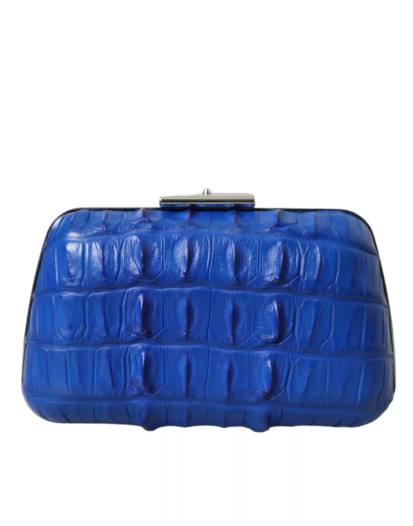BALENCIAGA Crocodile Skin Blue Clutch – Luxury Italian Designer Bag with Silver Hardware & Adjustable Strap