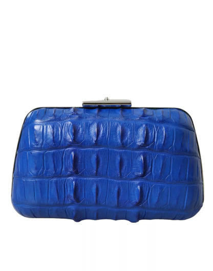 BALENCIAGA Crocodile Skin Blue Clutch – Luxury Italian Designer Bag with Silver Hardware & Adjustable Strap