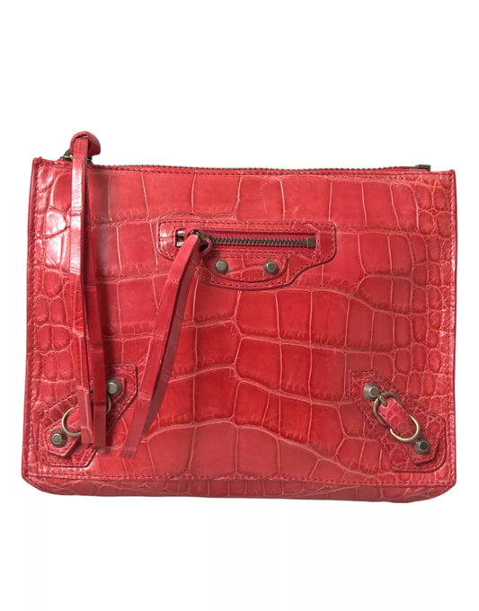 Balenciaga Exotic Red Alligator Leather Pouch Bag – Luxury Designer Clutch