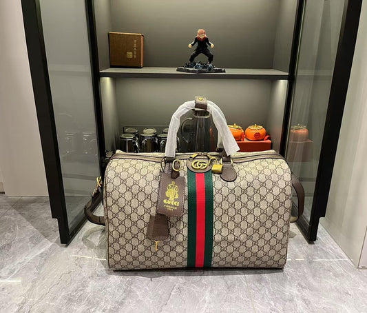 Gucci Large GG Supreme Canvas Boston Bag with Web Stripe and Leather Trim
