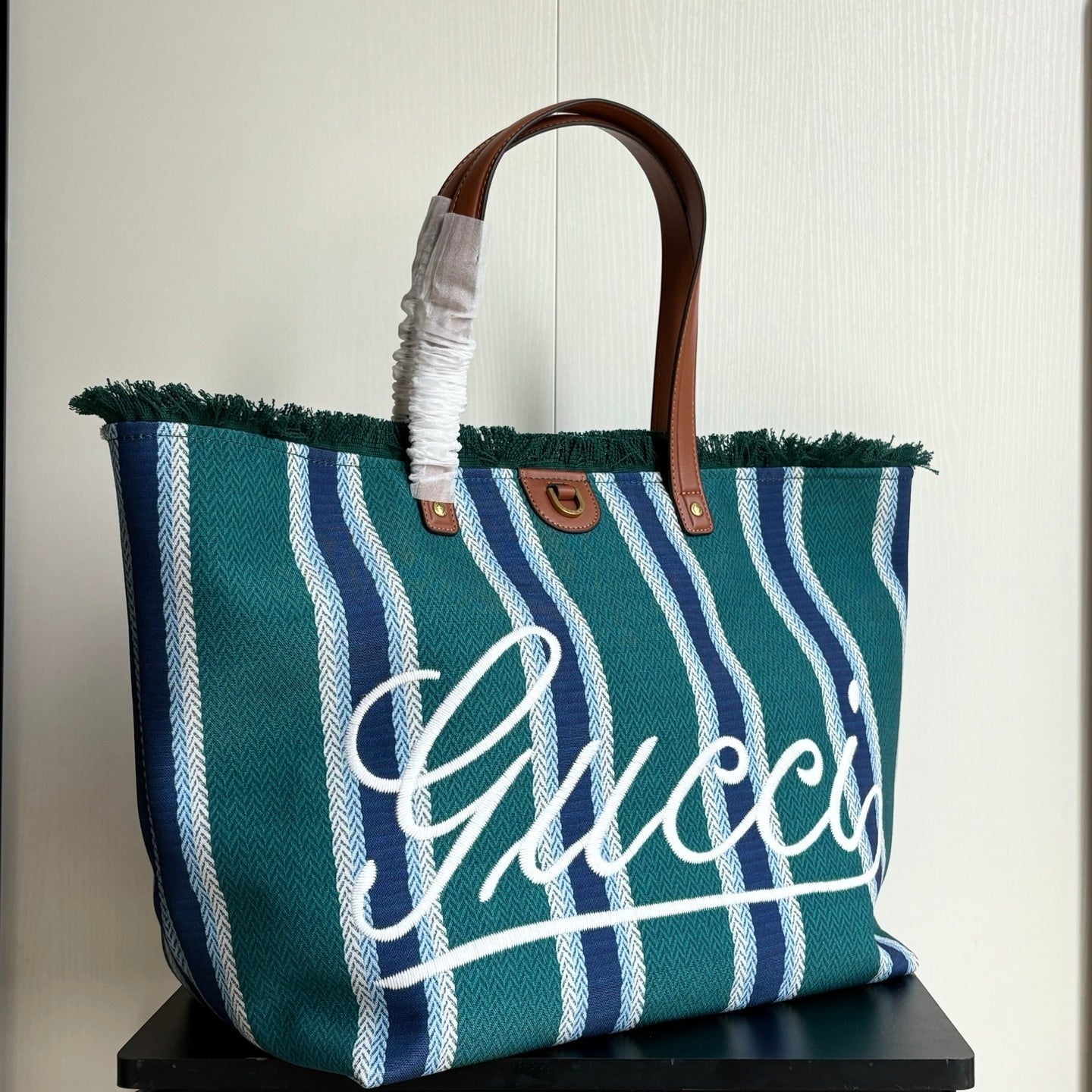 Gucci Large Red & Green Striped Canvas Tote Bag with Fringed Edge