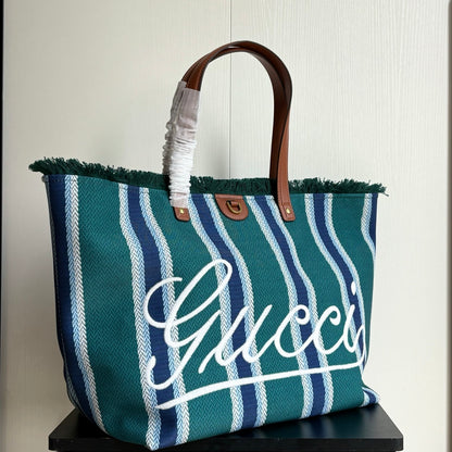 Gucci Large Red & Green Striped Canvas Tote Bag with Fringed Edge