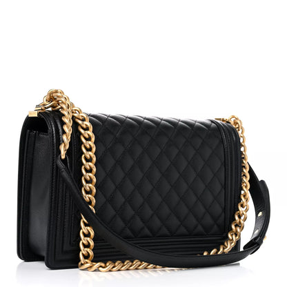 Preowned Chanel Boy Bag Large – Black Lambskin Leather with Gold Hardware, Quilted Design