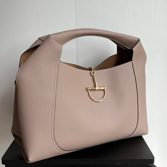Gucci Elegant Taupe/Nude Hobo Bag with Signature Gold-Tone Horsebit Hardware