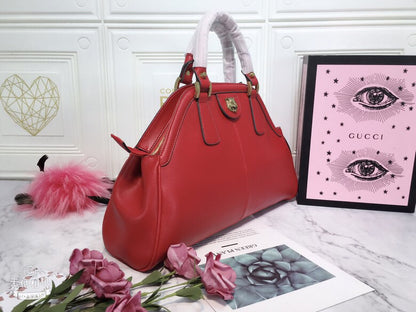 Gucci Classic Leather Dome Satchel with Top Handle and Signature Metallic Detailing