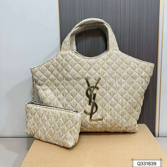 Maxi Quilted Textile Shopper Tote Bag with Iconic YSL Logo and Matching Pouch